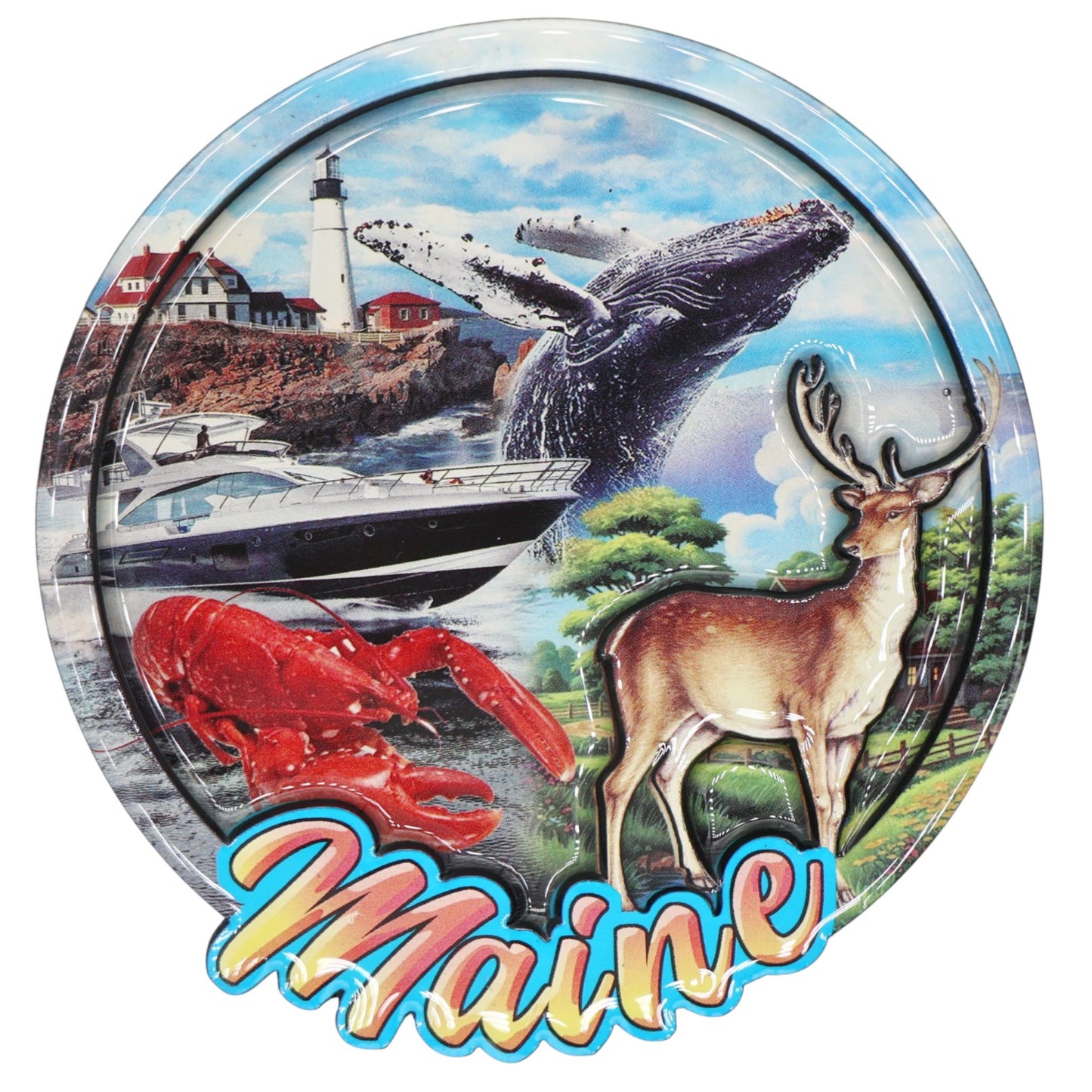 Maine Lobster and Icons Collage Wood Epoxy Magnet 3.7" x 3.7" x 0.18"