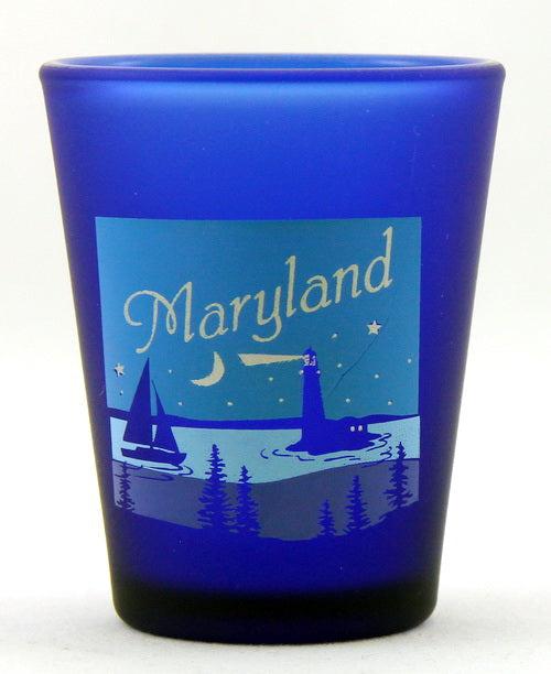 Maryland Nautical Scene Cobalt Blue Frosted Shot Glass