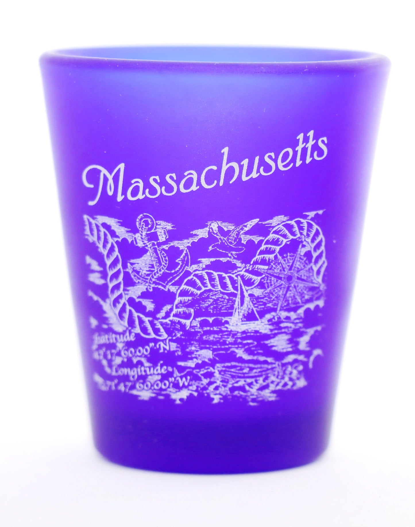 Massachusetts Nautical Scene Pencil Sketch Cobalt Frosted Shot Glass