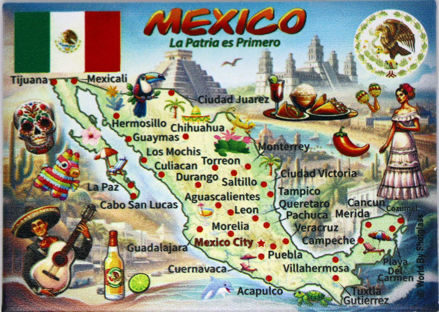 Mexico Graphic Map and Attractions Souvenir Fridge Magnet 2.5 X 3.5