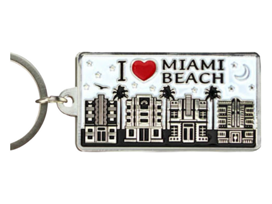 Miami Beach White Skyline Rectangular Metal Keychain 2.5 inches X 1.5 inches