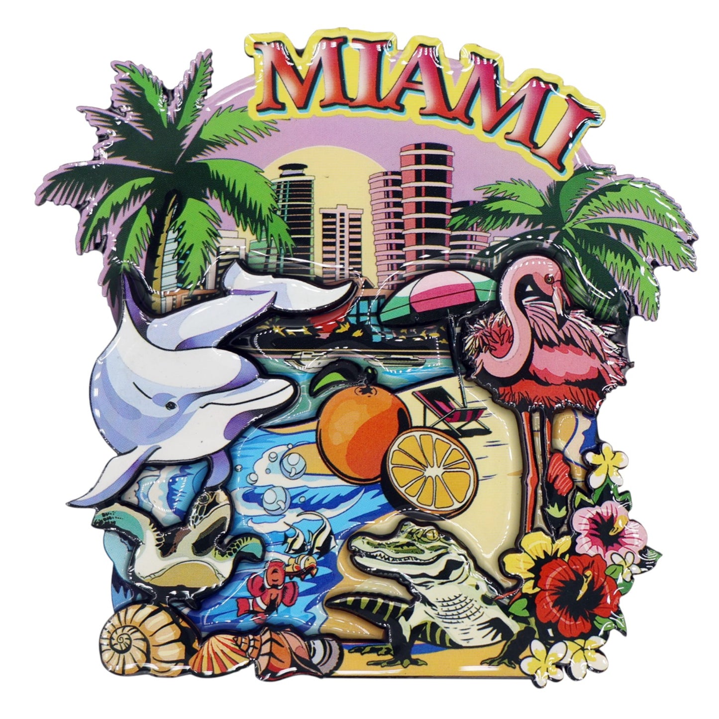 Miami Florida Skyline and Fauna Wood Epoxy Magnet 3.7" x 3.7" x 0.4"