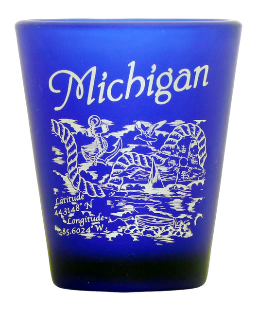 Michigan Nautical Pencil Sketch Cobalt Blue Shot Glass