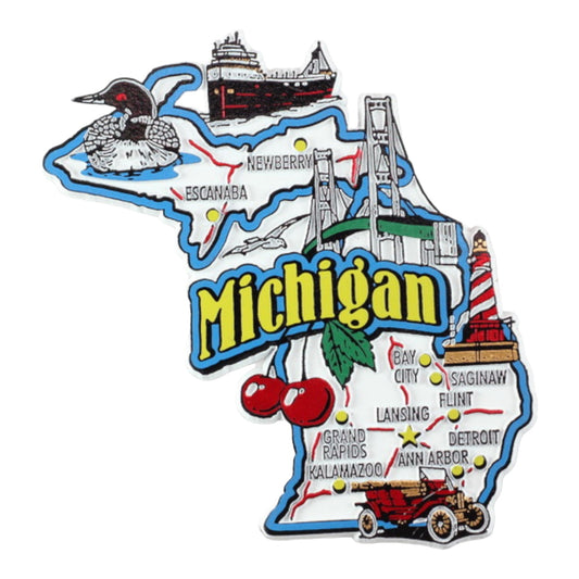 Michigan State Map and Landmarks Collage Fridge Collectible Souvenir Magnet