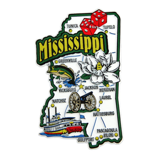Mississippi State Map and Landmarks Collage Fridge Collectible Souvenir Magnet
