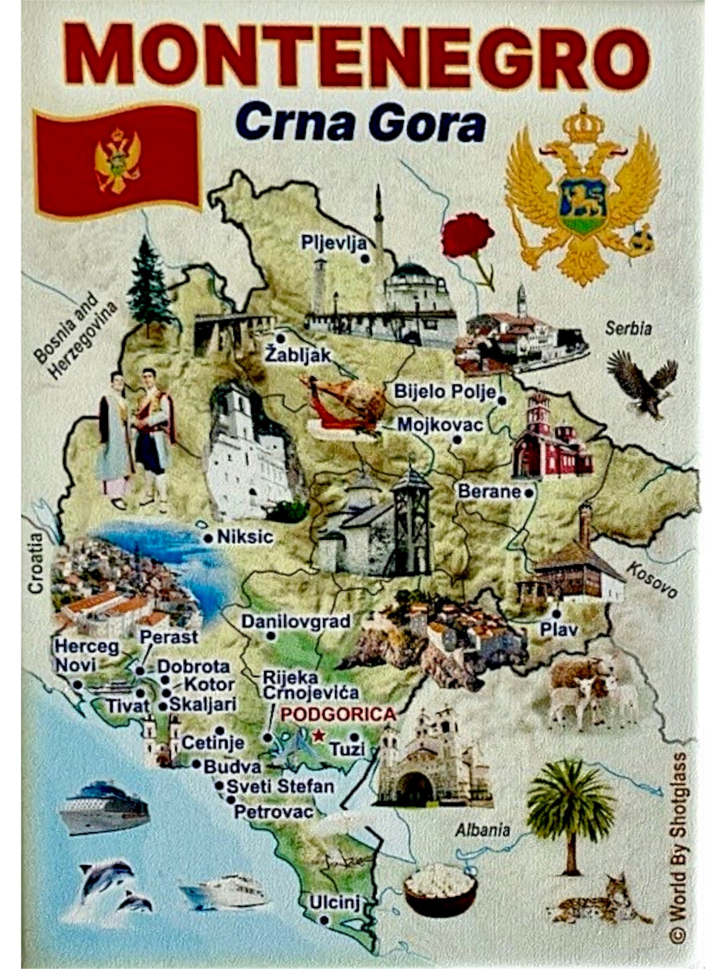 Montenegro Graphic Map and Attractions Souvenir Fridge Magnet 2.5" X 3.5"