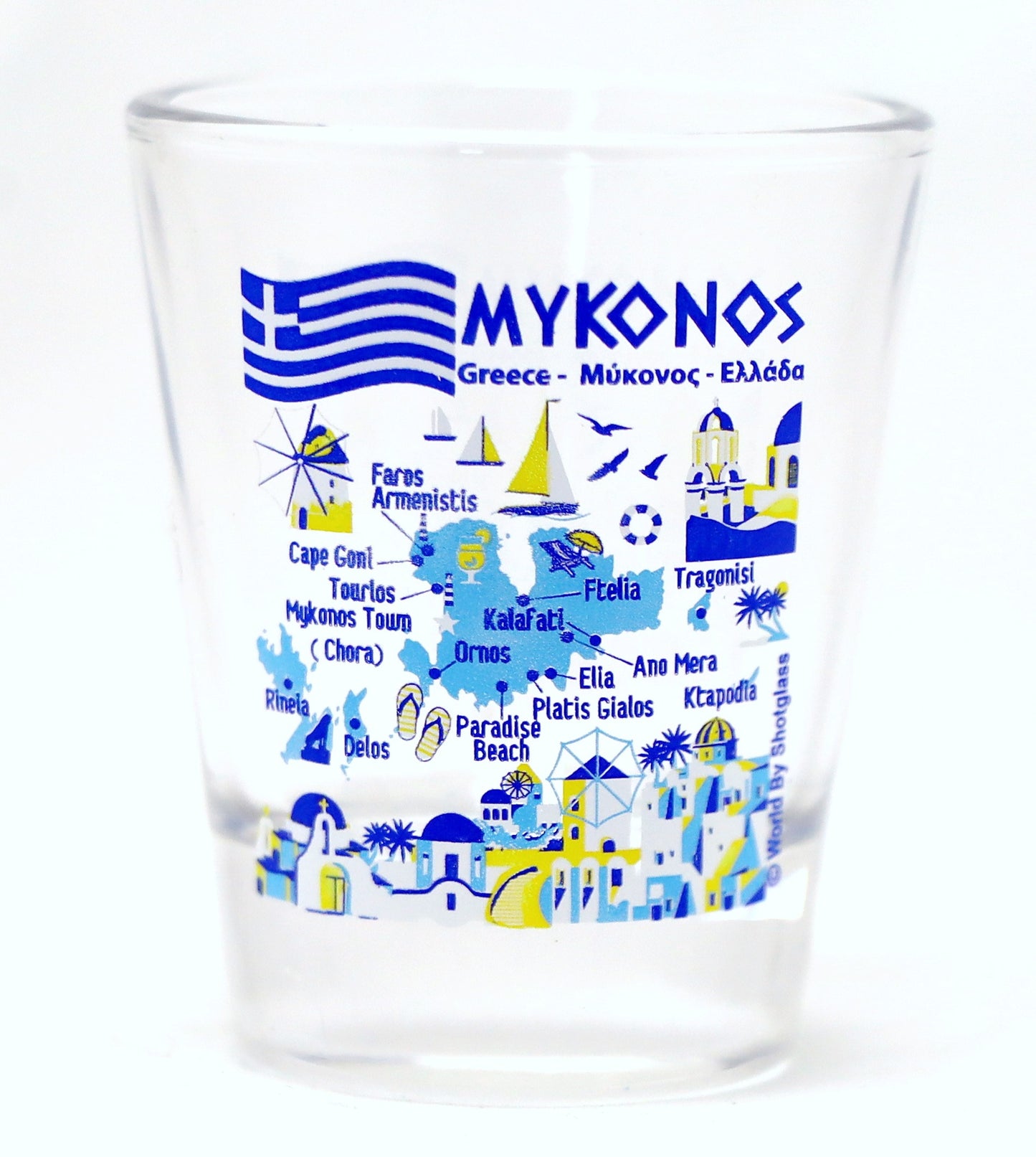 Mykonos Greece Landmarks and Icons Collage Shot Glass