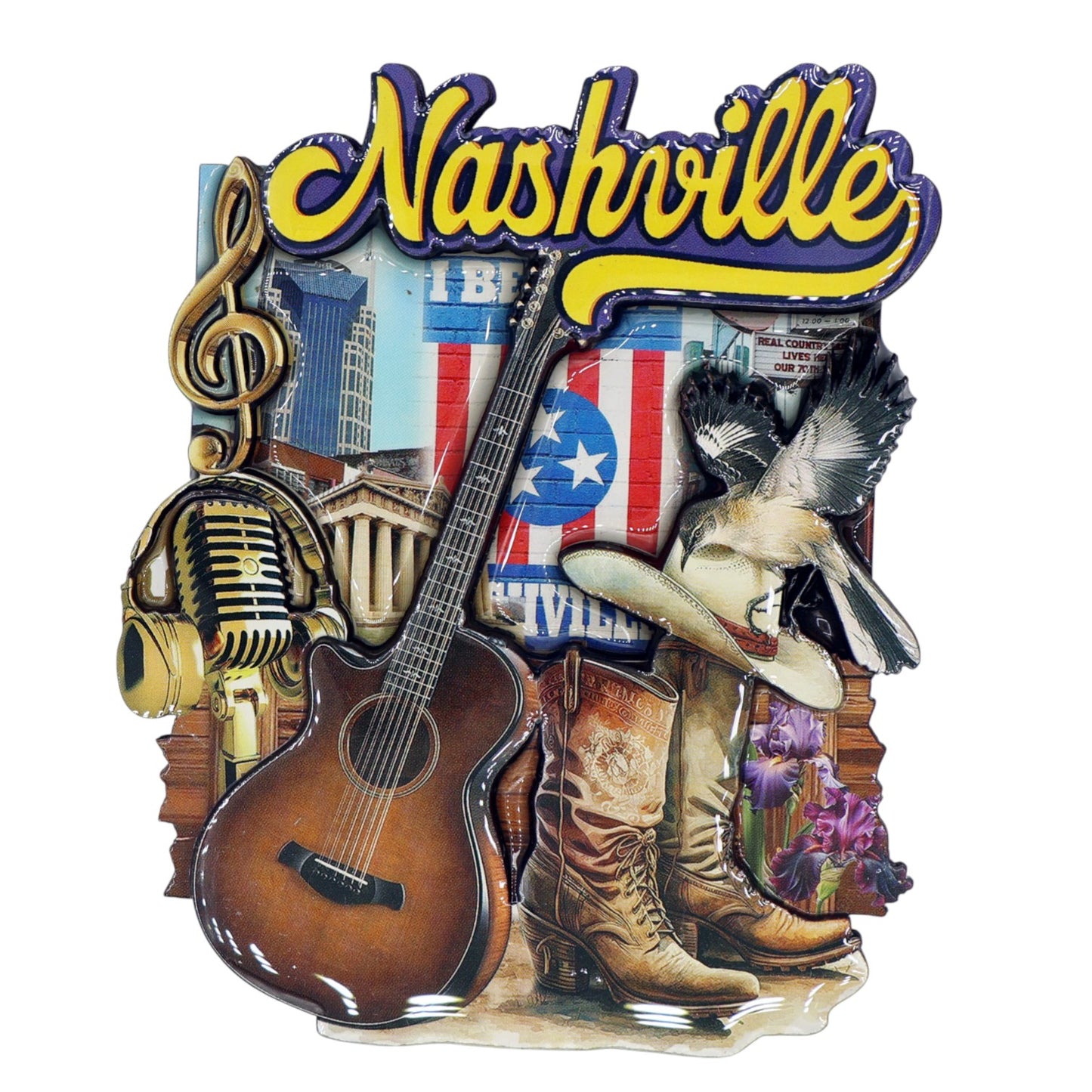 Nashville Tennessee Icons Wood Epoxy Magnet 3.5" x 3.0" x 0.4"