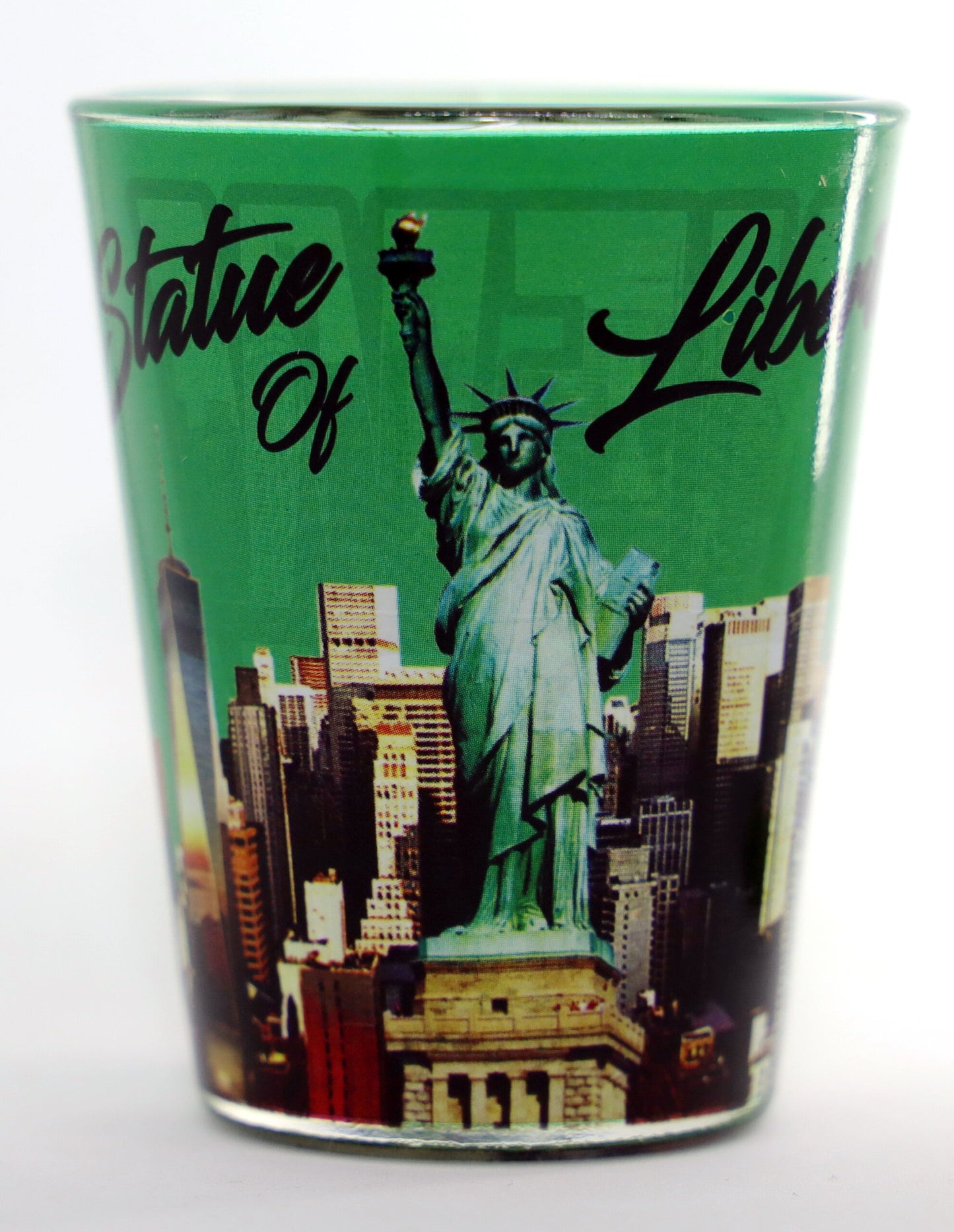 New York Green Skyline SOL Outside Photo Letters Inside Shot Glass