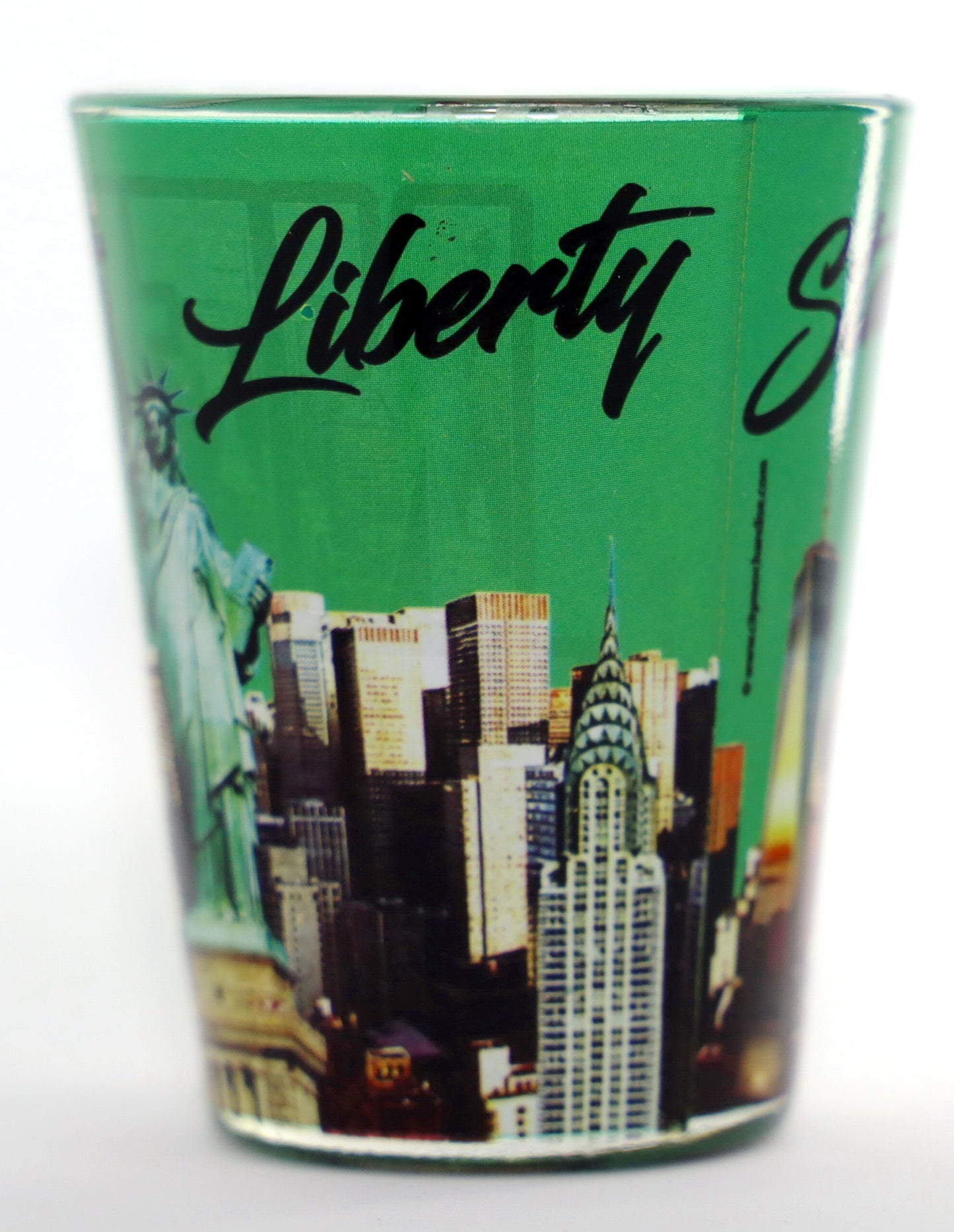 New York Green Skyline SOL Outside Photo Letters Inside Shot Glass