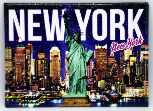 New York Postcard Night Skyline SOL White NY Letters Magnet 2.5" x 3.5"