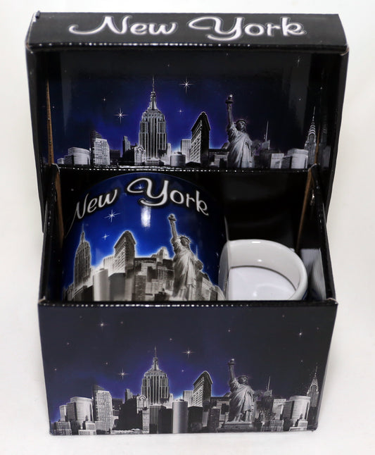 New York Skyline Blue Silver Boxed Coffee Mug 12 oz