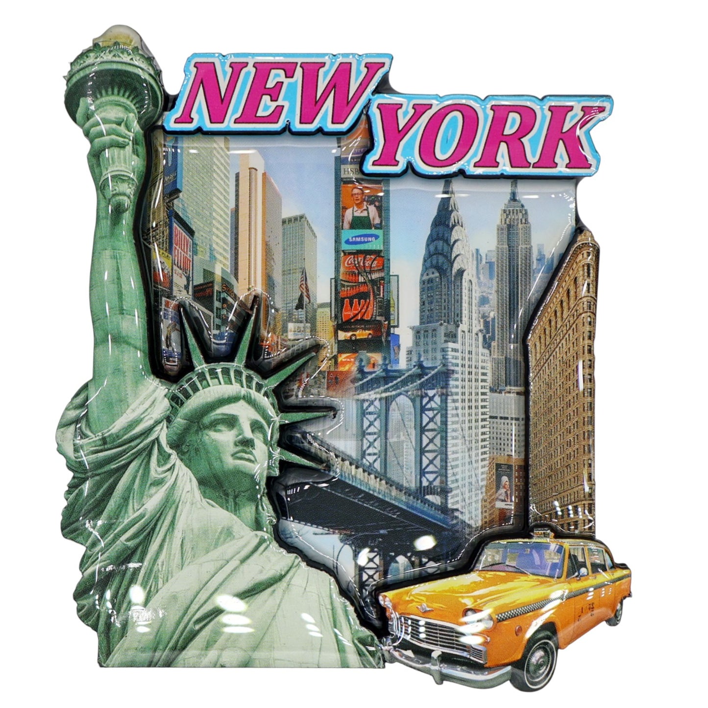 New York Statue of Liberty Taxi Wood Epoxy Magnet 3.5" x 3.0" x 0.38"