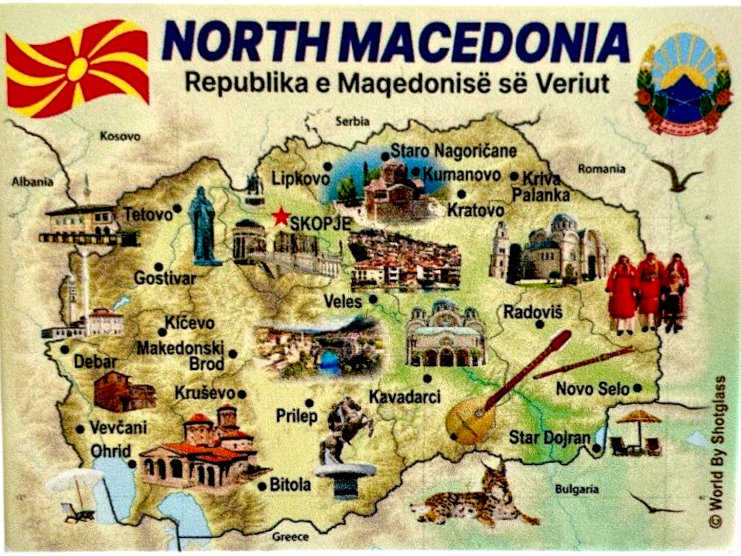 North Macedonia Graphic Map and Attractions Souvenir Fridge Magnet 2.5" X 3.5"