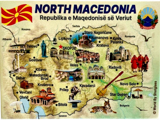 North Macedonia Graphic Map and Attractions Souvenir Fridge Magnet 2.5" X 3.5"