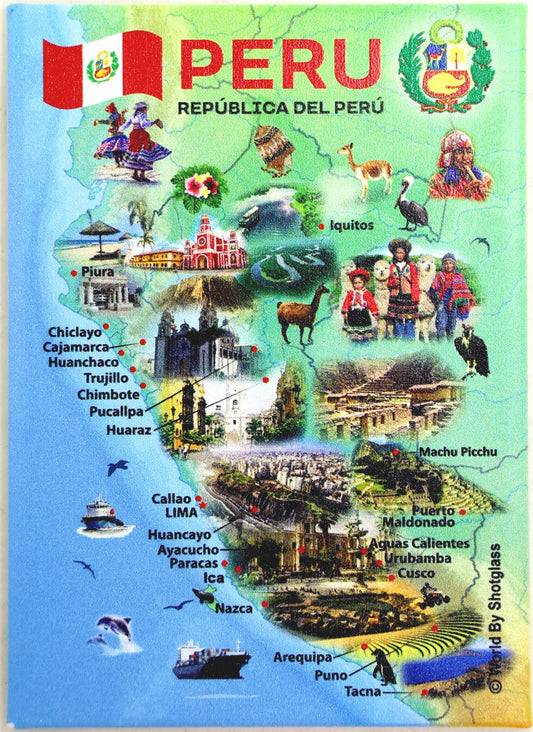 Peru Graphic Map and Attractions Souvenir Fridge Magnet 2.5" X 3.5"
