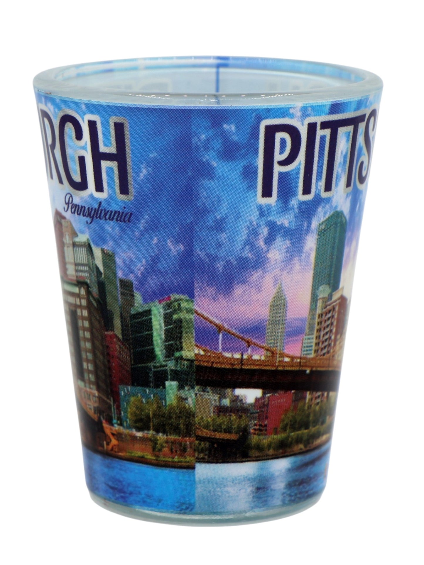 Pittsburgh Pennsylvania Bridge and Blue Skyline Shot Glass