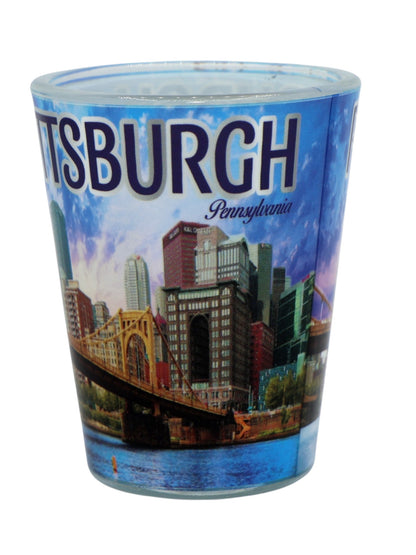 Pittsburgh Pennsylvania Bridge and Blue Skyline Shot Glass