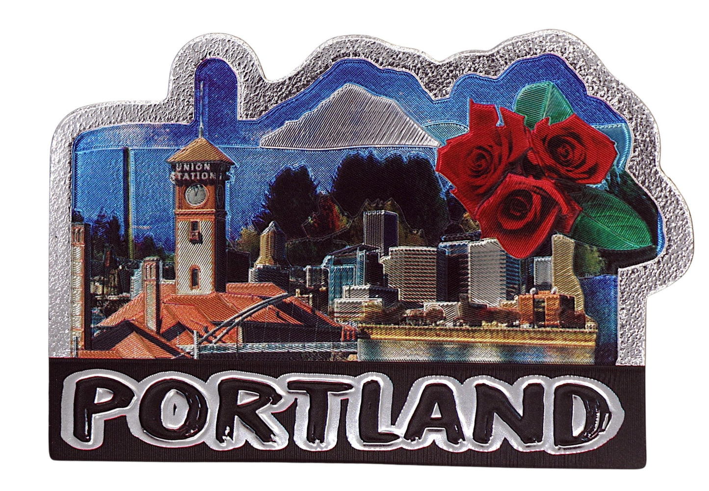 Portland Oregon Color Skyline with Red Rose Foil Magnet 3.0" x 2.25" x 0.125"