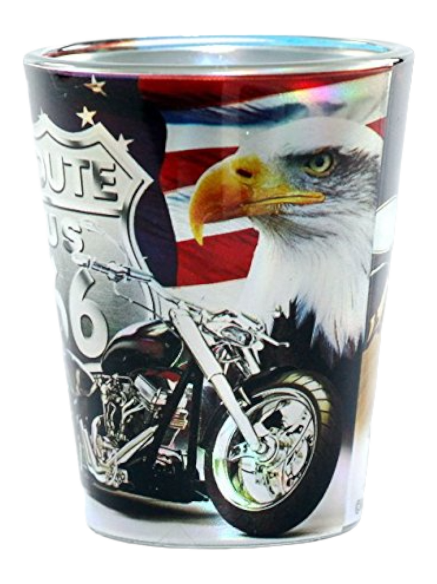 Route 66 Metallic Eagle Biker Full Wrap Shot Glass