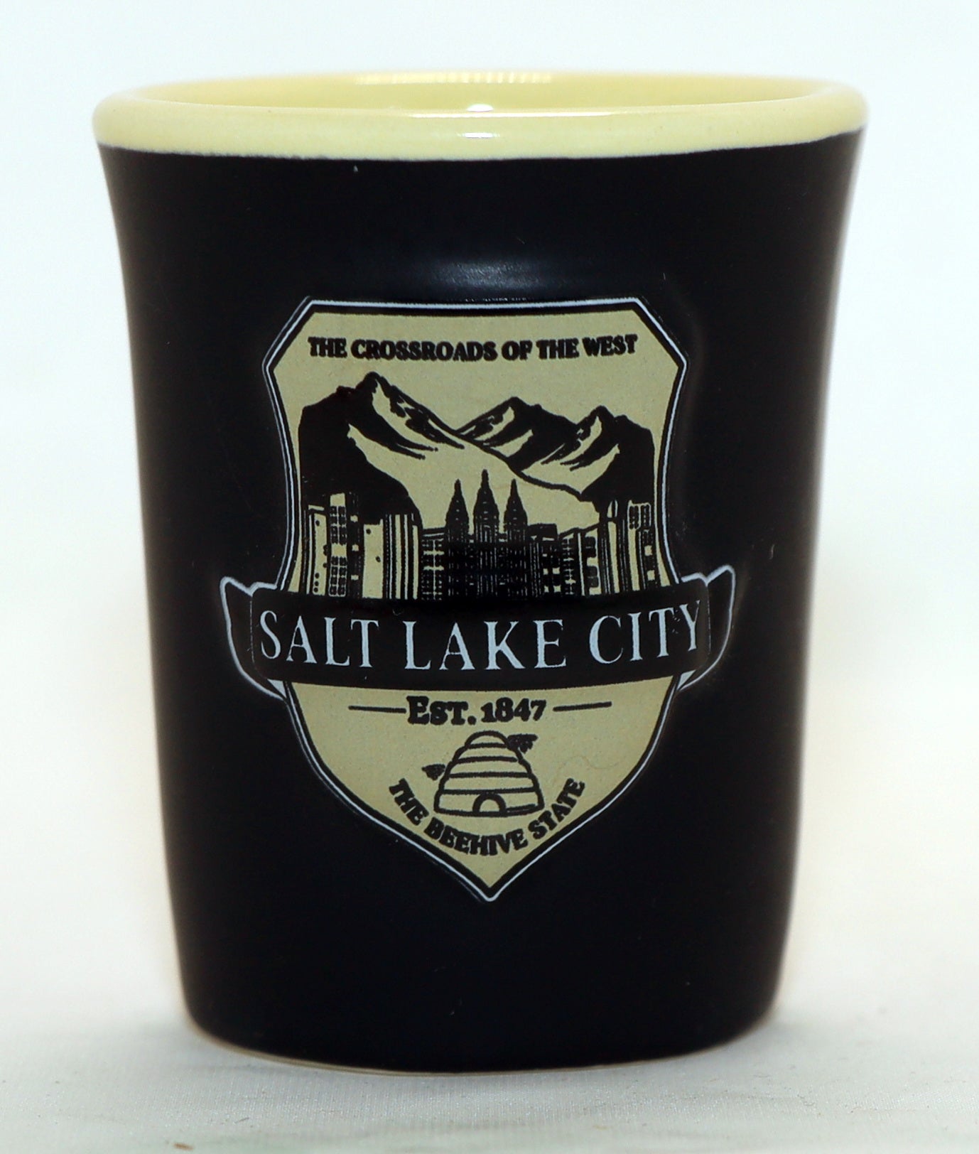 Salt Lake City Utah Black Beige Ceramic Shot Glass