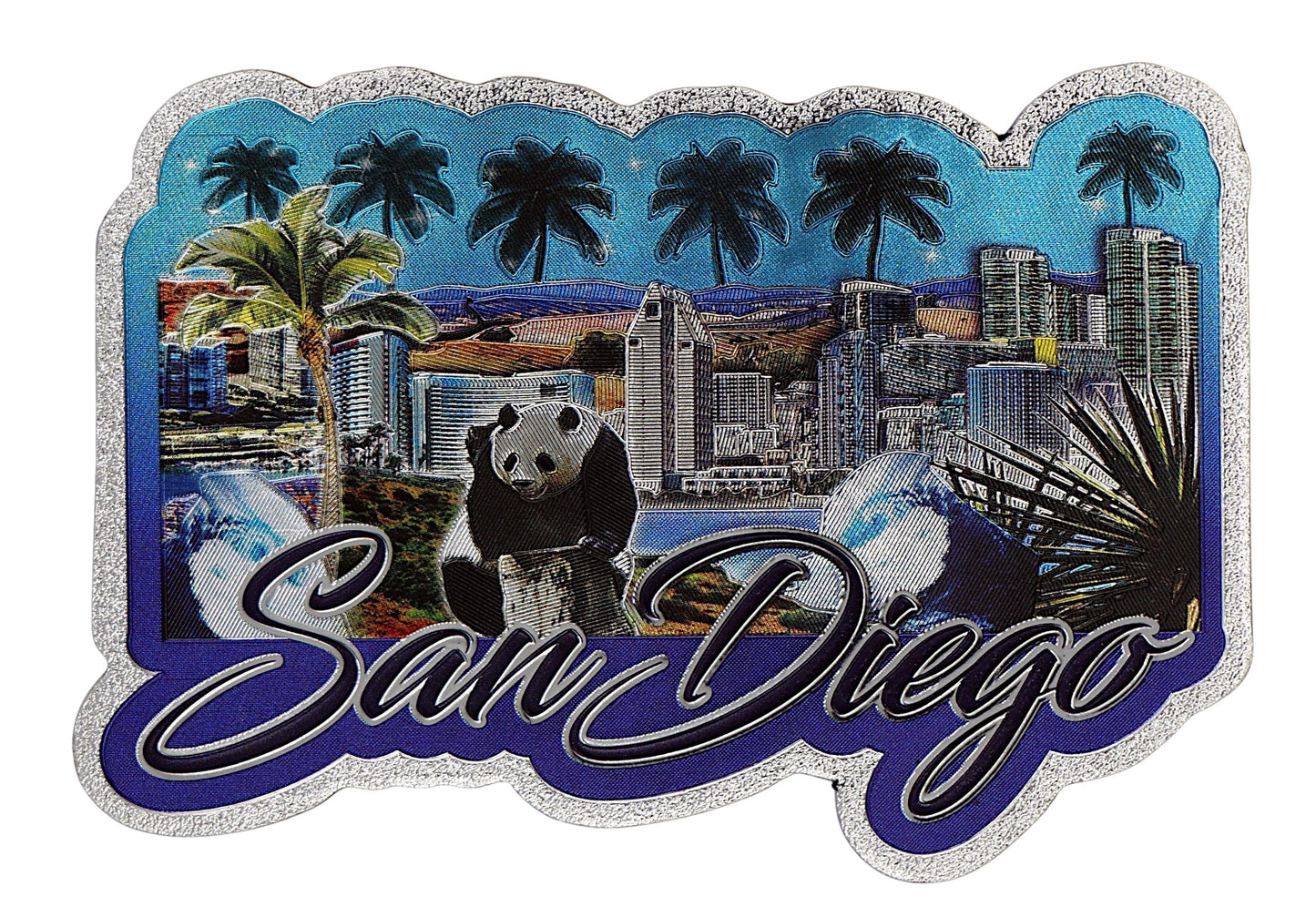 San Diego California Skyline Palms and Panda Foil Magnet 3.5" X 2.5" x 0.125"