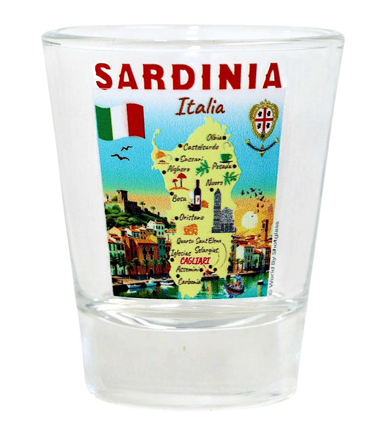 Sardinia Italy Map and Attractions Collage Shot Glass