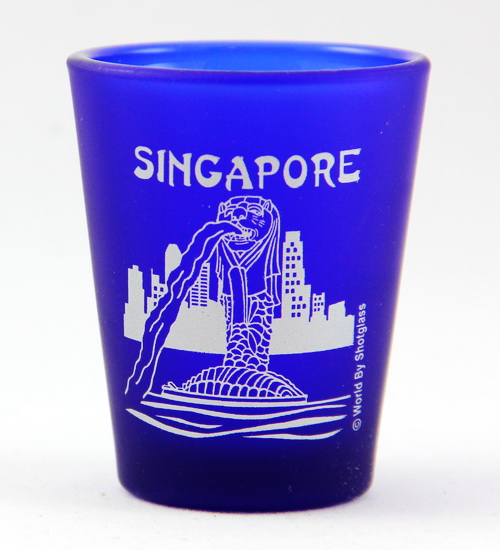 Singapore Merlion Fountain Cobalt Blue Frosted Shot Glass