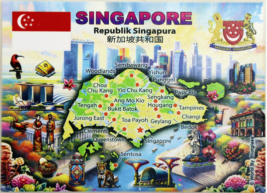 Singapore Graphic Map and Attractions Souvenir Fridge Magnet 2.5" X 3.5"