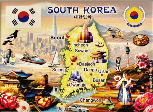 South Korea Graphic Map and Attractions Souvenir Fridge Magnet 2.5" X 3.5"