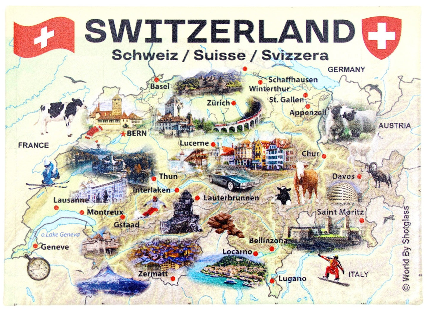 Switzerland Graphic Map and Attractions Souvenir Fridge Magnet 2.5 X 3.5