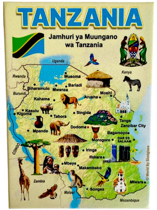 Tanzania Graphic Map and Attractions Souvenir Fridge Magnet 2.5" X 3.5"