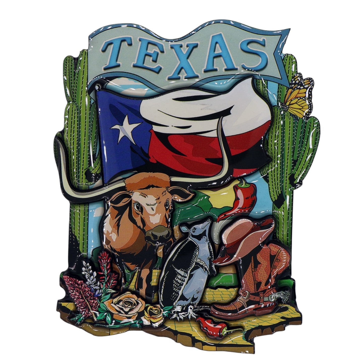 Texas Flag and Icons Wood Epoxy Magnet 4.0" x 3.0" x 0.4"