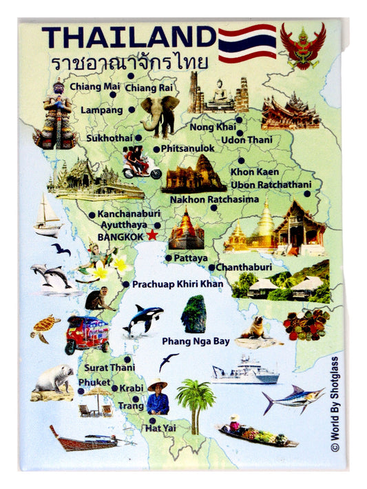 Thailand Graphic Map and Attractions Souvenir Fridge Magnet 2.5 X 3.5