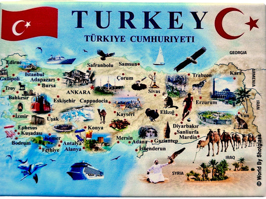 Turkey Graphic Map and Attractions Souvenir Fridge Magnet 2.5" X 3.5"
