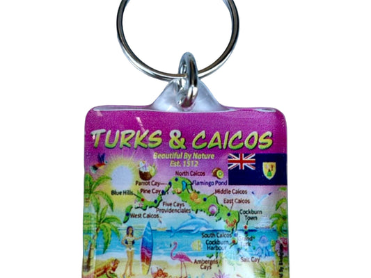 Turks and Caicos Map Acrylic Square Souvenir Keychain 1.5" X 1.5"