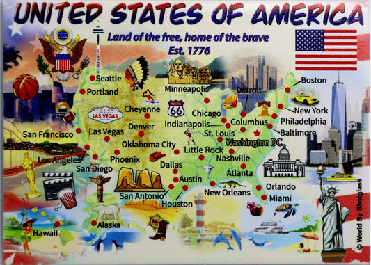 United States (USA) Graphic Map and Attractions Souvenir Fridge Magnet 2.5 X 3.5