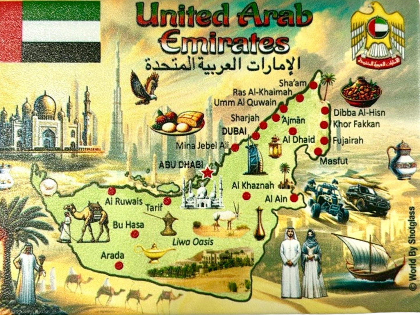 United Arab Emirates (UAE) Graphic Map and Attractions Souvenir Fridge Magnet 2.5" X 3.5"