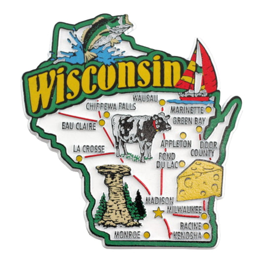 Wisconsin State Map and Landmarks Collage Fridge Souvenir Collectible Magnet