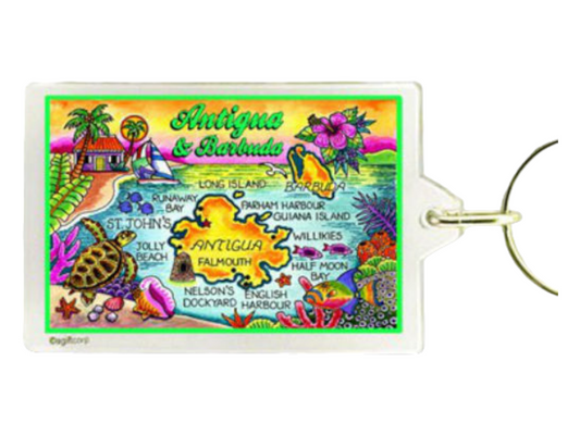 Antigua and Barbuda Map Acrylic Rectangular Souvenir Keychain 2.5 inches X 1.5 inches