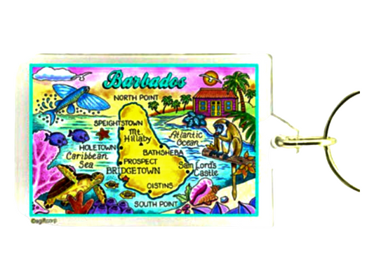 Barbados Map Acrylic Rectangular Souvenir Keychain 2.5 inches X 1.5 inches