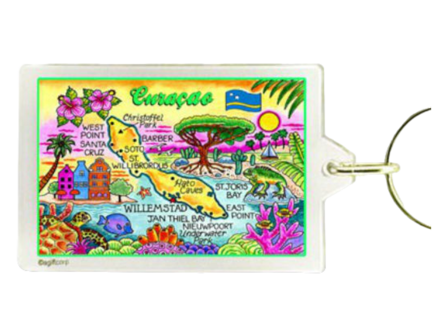 Curacao (Netherlands Antilles) Map Acrylic Rectangular Souvenir Keychain 2.5" X 1.5"