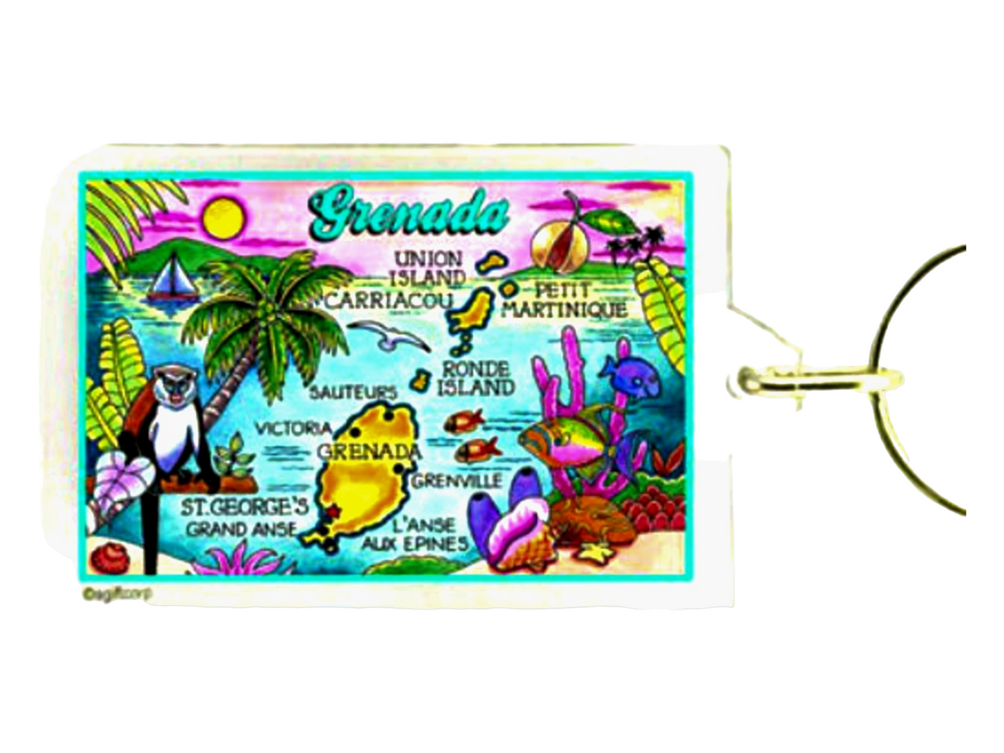 Grenada Map Acrylic Rectangular Souvenir Keychain 2.5" X 1.5"