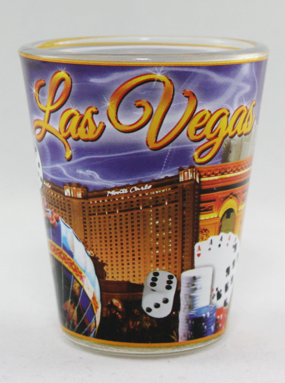 Las Vegas Nevada Blue and Gold Letters Collage Shot Glass