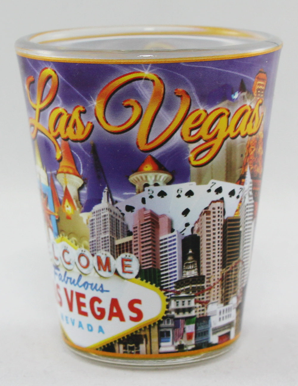 Las Vegas Nevada Blue and Gold Letters Collage Shot Glass