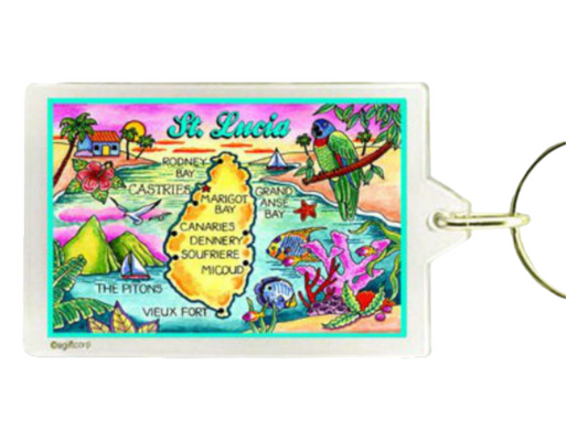 St. Lucia Map Acrylic Rectangular Souvenir Keychain 2.5 inches X 1.5 inches